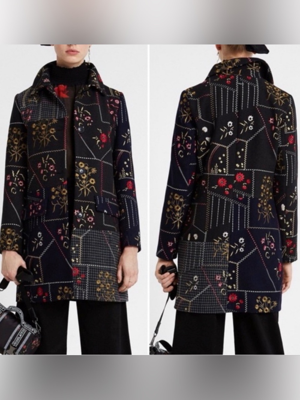 Desigual Penny floral patchwork Embroidered Black Wool Lined Coat size 44 US 12